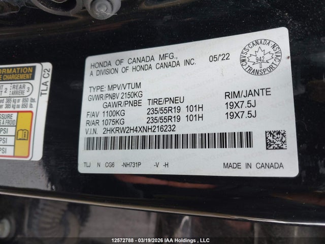 2HKRW2H4XNH216232 Honda CR-V