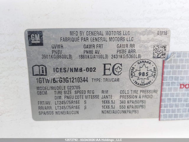 12572792 :رقم المزاد ، 1GTW7BFG3G1210344 vin ، 2016 Gmc Savana G2500 مزاد بيع