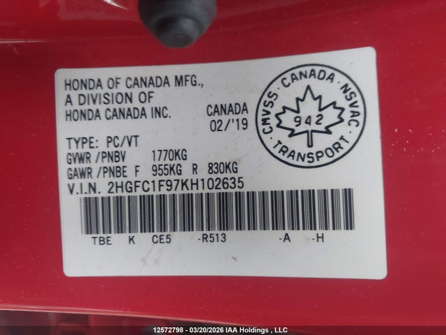 Продаж на аукціоні авто 2019 Honda Civic Touring, vin: 2HGFC1F97KH102635, номер лоту: 12572798