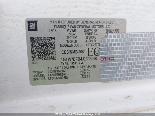 Aukcja sprzedaży 2018 Gmc Savana G2500, vin: 1GTW7BFB4J1335090, numer aukcji: 12572801