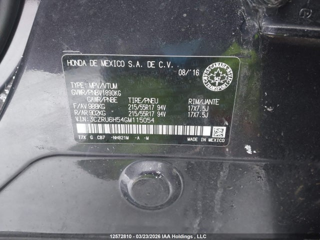 2016 Honda Hr-v მანქანა იყიდება აუქციონზე, vin: 3CZRU6H54GM115054, აუქციონის ნომერი: 12572810
