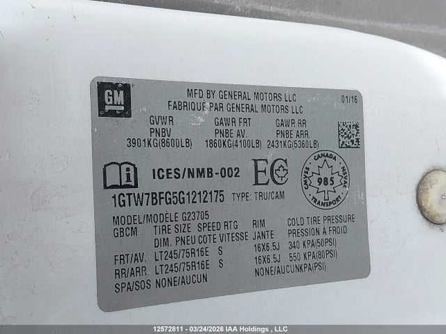 Aukcja sprzedaży 2016 Gmc Savana G2500, vin: 1GTW7BFG5G1212175, numer aukcji: 12572811