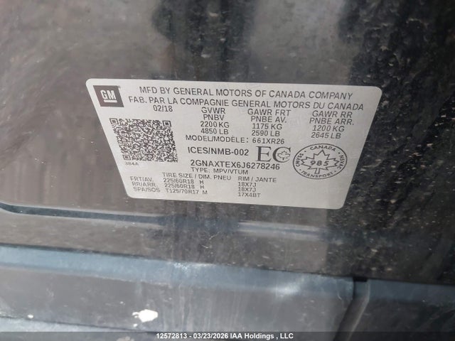 12572813 :رقم المزاد ، 2GNAXTEX6J6278246 vin ، 2018 Chevrolet Equinox Lt مزاد بيع