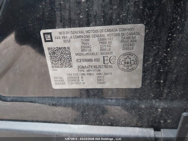 12572813 :رقم المزاد ، 2GNAXTEX6J6278246 vin ، 2018 Chevrolet Equinox Lt مزاد بيع