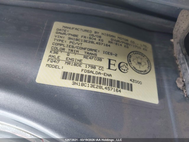 12572821 :رقم المزاد ، 3N1BC13E28L457164 vin ، 2008 Nissan Versa S/sl مزاد بيع