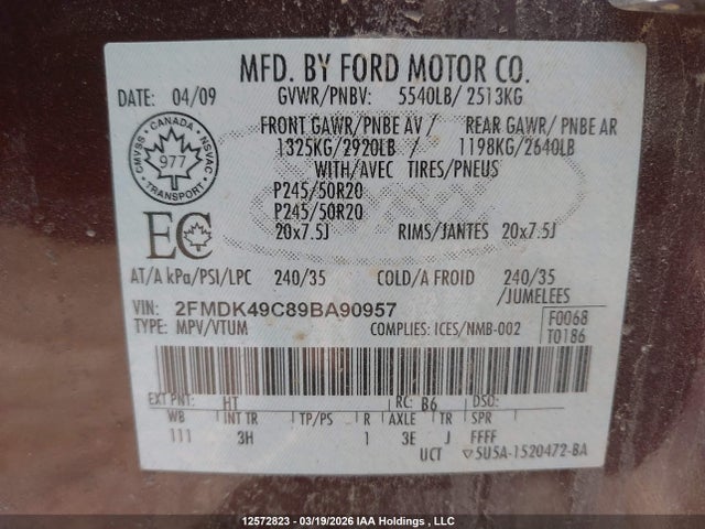 2009 Ford Edge Limited მანქანა იყიდება აუქციონზე, vin: 2FMDK49C89BA90957, აუქციონის ნომერი: 12572823