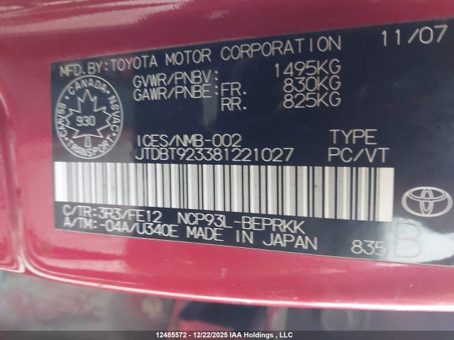 Aukcja sprzedaży 2008 Toyota Yaris, vin: JTDBT923381221027, numer aukcji: 12485572