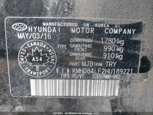 KMHD84LF2HU189221 Hyundai Elantra Se/value/limited