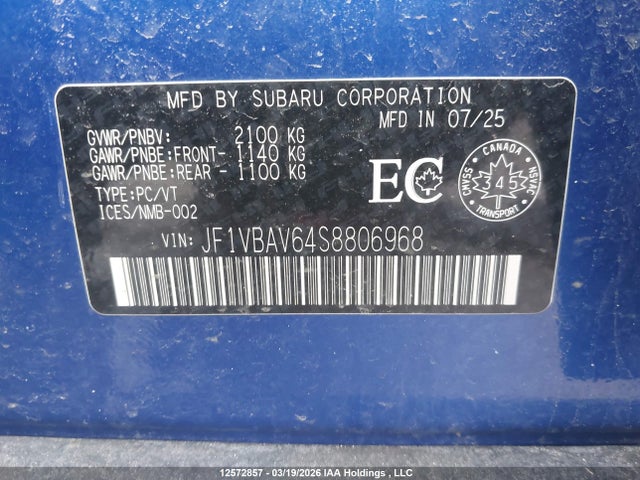12572857 :رقم المزاد ، JF1VBAV64S8806968 vin ، 2025 Subaru Wrx Gt مزاد بيع