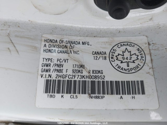 Aukcja sprzedaży 2019 Honda Civic Ex, vin: 2HGFC2F73KH008952, numer aukcji: 12572869