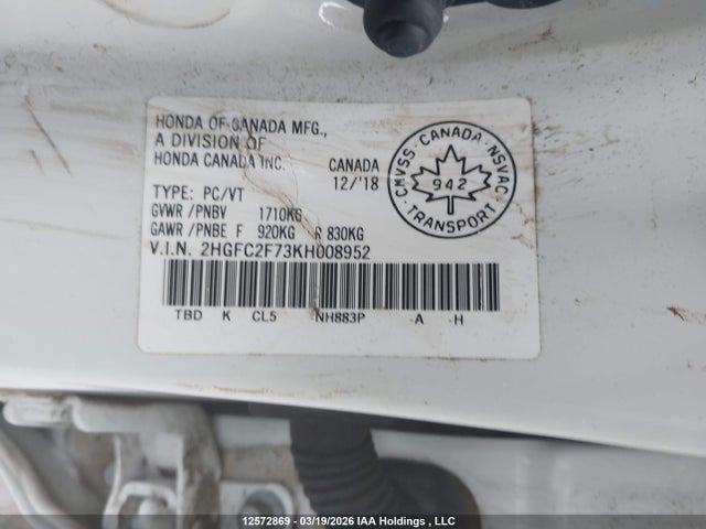Aukcja sprzedaży 2019 Honda Civic Ex, vin: 2HGFC2F73KH008952, numer aukcji: 12572869