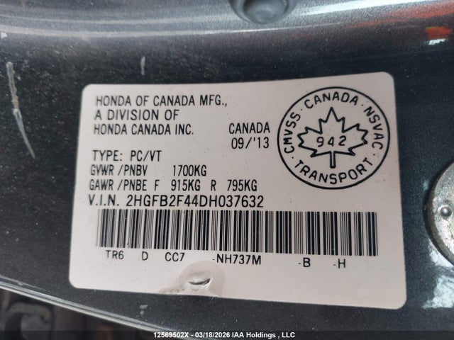 Продажа на аукционе авто 2013 Honda Civic Lx, vin: 2HGFB2F44DH037632, номер лота: 12569502