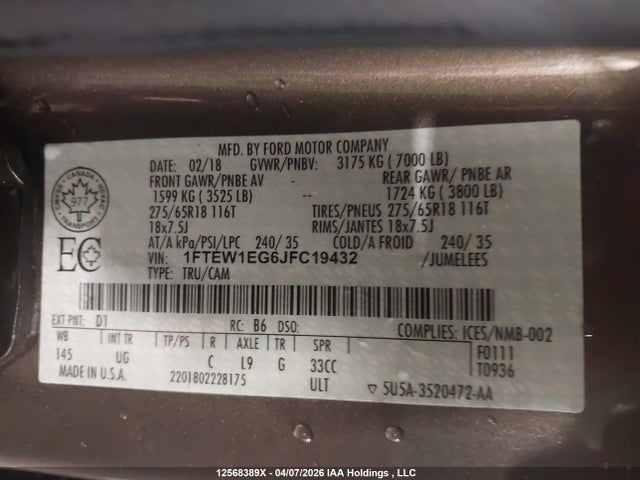 Aukcja sprzedaży 2018 Ford F-150 Xlt, vin: 1FTEW1EG6JFC19432, numer aukcji: 12568389