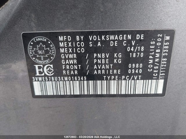 12572883 :رقم المزاد ، 3VWE57BU3KM016349 vin ، 2019 Volkswagen Jetta Sel مزاد بيع