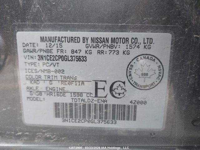 Продажа на аукционе авто 2016 Nissan Versa Note 1.6 S/1.6 Sl/1.6 Sr/1.6 Sv, vin: 3N1CE2CP0GL375633, номер лота: 12572900