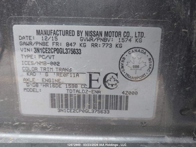 Продажа на аукционе авто 2016 Nissan Versa Note 1.6 S/1.6 Sl/1.6 Sr/1.6 Sv, vin: 3N1CE2CP0GL375633, номер лота: 12572900