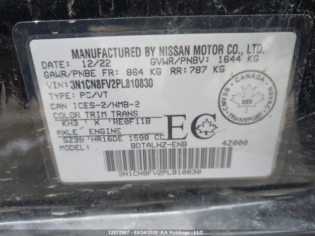 Aukcja sprzedaży 2023 Nissan Versa Sr, vin: 3N1CN8FV2PL810830, numer aukcji: 12572907