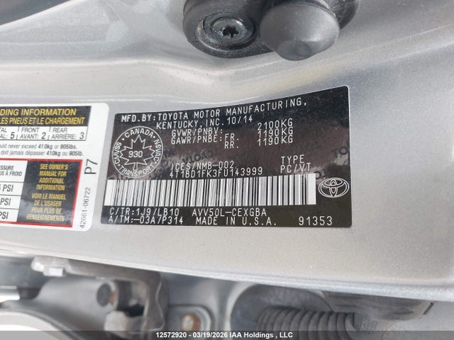 12572920 :رقم المزاد ، 4T1BD1FK3FU143999 vin ، 2015 Toyota Camry Hybrid/le/xle/se مزاد بيع