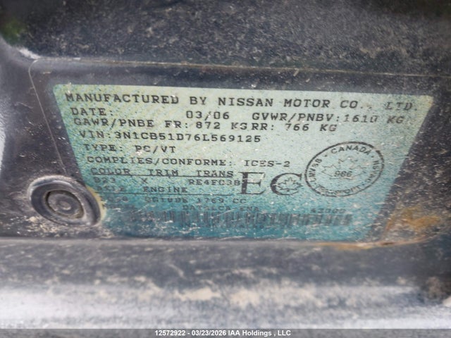 2006 Nissan Sentra 1.8/1.8s მანქანა იყიდება აუქციონზე, vin: 3N1CB51D76L569125, აუქციონის ნომერი: 12572922