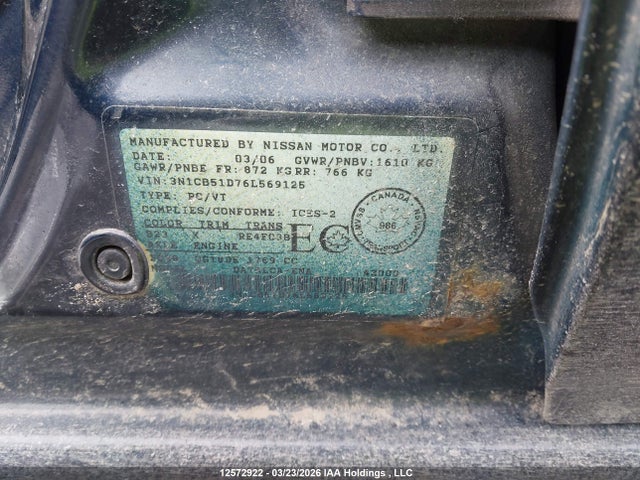 2006 Nissan Sentra 1.8/1.8s მანქანა იყიდება აუქციონზე, vin: 3N1CB51D76L569125, აუქციონის ნომერი: 12572922