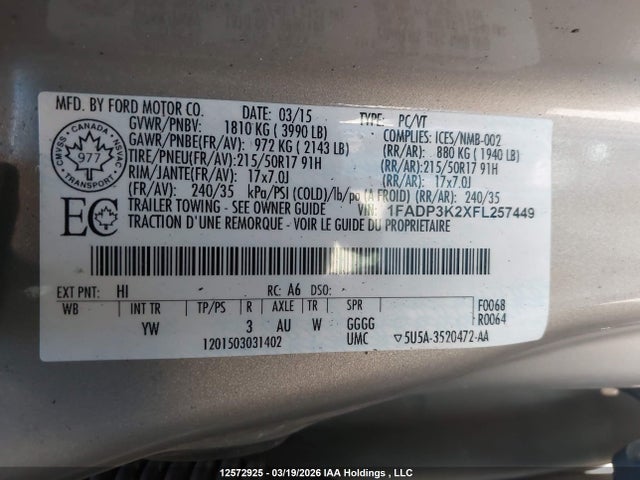 Продажа на аукционе авто 2015 Ford Focus Se, vin: 1FADP3K2XFL257449, номер лота: 12572925