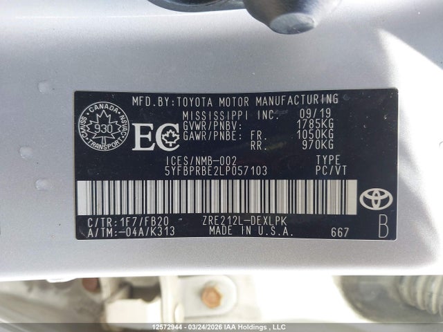 12572944 :رقم المزاد ، 5YFBPRBE2LP057103 vin ، 2020 Toyota Corolla مزاد بيع
