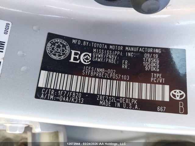 12572944 :رقم المزاد ، 5YFBPRBE2LP057103 vin ، 2020 Toyota Corolla مزاد بيع