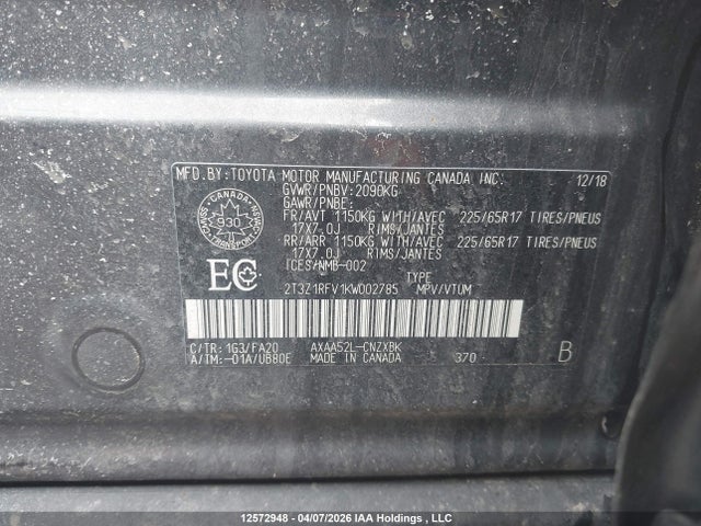 2019 Toyota Rav4 Le მანქანა იყიდება აუქციონზე, vin: 2T3Z1RFV1KW002785, აუქციონის ნომერი: 12572948