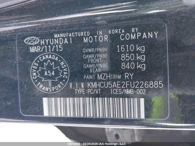 12572950 :رقم المزاد ، KMHCU5AE2FU226885 vin ، 2015 Hyundai Accent Gls/se مزاد بيع