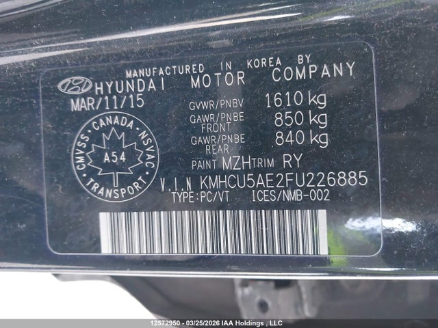 12572950 :رقم المزاد ، KMHCU5AE2FU226885 vin ، 2015 Hyundai Accent Gls/se مزاد بيع