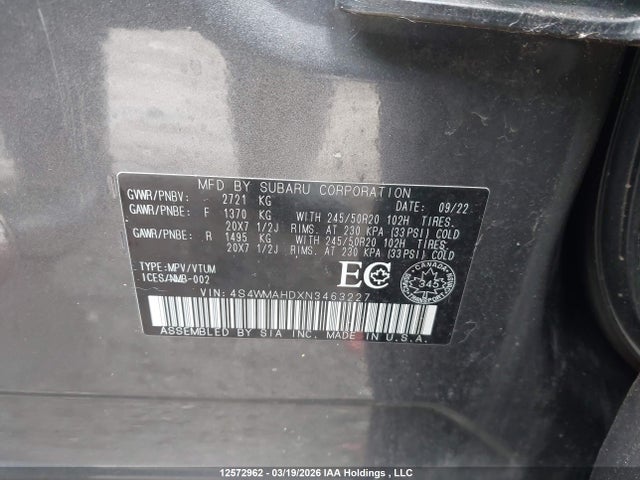 4S4WMAHDXN3463227 Subaru Ascent Onyx