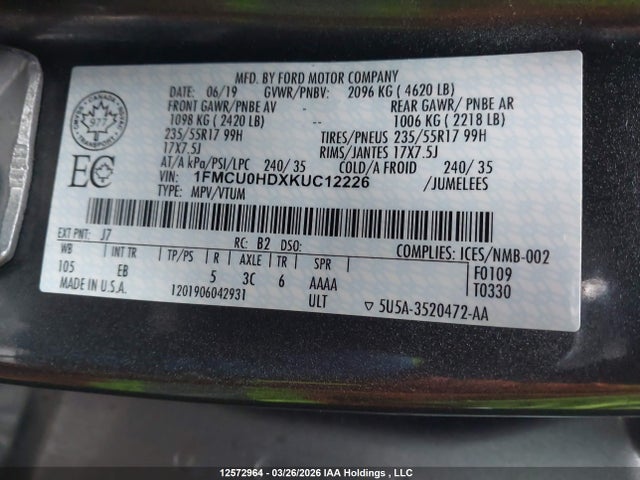 Продаж на аукціоні авто 2019 Ford Escape Sel, vin: 1FMCU0HDXKUC12226, номер лоту: 12572964