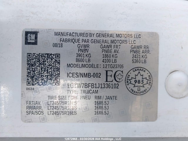 12572965 :رقم المزاد ، 1GTW7BFB1J1336102 vin ، 2018 Gmc Savana G2500 مزاد بيع