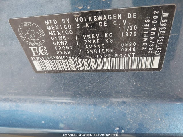 Продажа на аукционе авто 2021 Volkswagen Jetta Highline, vin: 3VWE57BU3MM026608, номер лота: 12572967