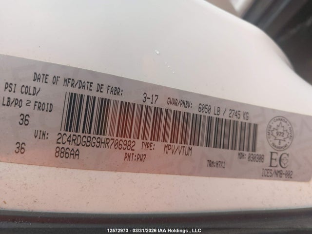 2017 Dodge Grand Caravan Se მანქანა იყიდება აუქციონზე, vin: 2C4RDGBG9HR706982, აუქციონის ნომერი: 12572973