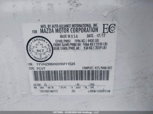 12572980 :رقم المزاد ، 1YVHZ8BH0D5M11525 vin ، 2013 Mazda Mazda6 مزاد بيع