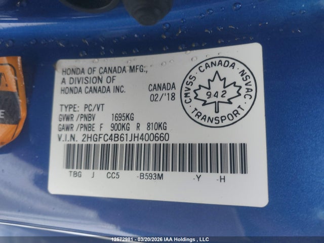 2HGFC4B61JH400660 Honda Civic Lx