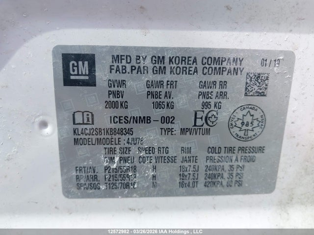 KL4CJ2SB1KB848345 Buick Encore Sport Touring