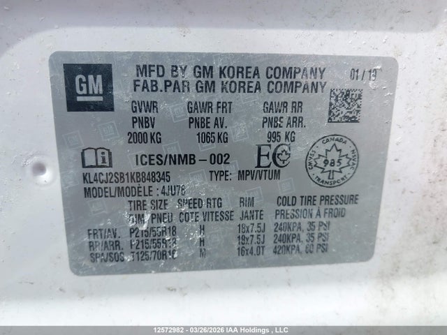 KL4CJ2SB1KB848345 Buick Encore Sport Touring