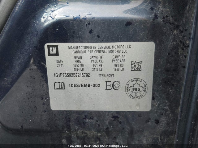 Aukcja sprzedaży 2011 Chevrolet Cruze Lt Turbo, vin: 1G1PF5S92B7215792, numer aukcji: 12572986