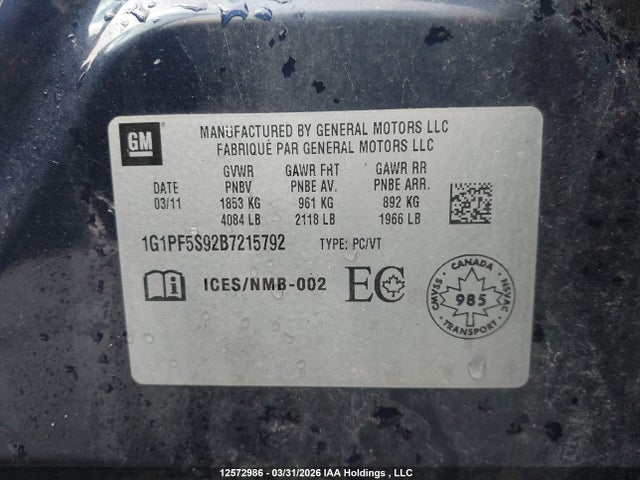 Aukcja sprzedaży 2011 Chevrolet Cruze Lt Turbo, vin: 1G1PF5S92B7215792, numer aukcji: 12572986