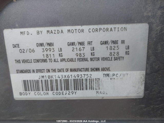 Aukcja sprzedaży 2006 Mazda Mazda3 Gs/gt, vin: JM1BK143X61493752, numer aukcji: 12572993