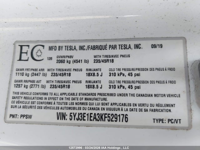 12572996 :رقم المزاد ، 5YJ3E1EA3KF529176 vin ، 2019 Tesla Model 3 مزاد بيع