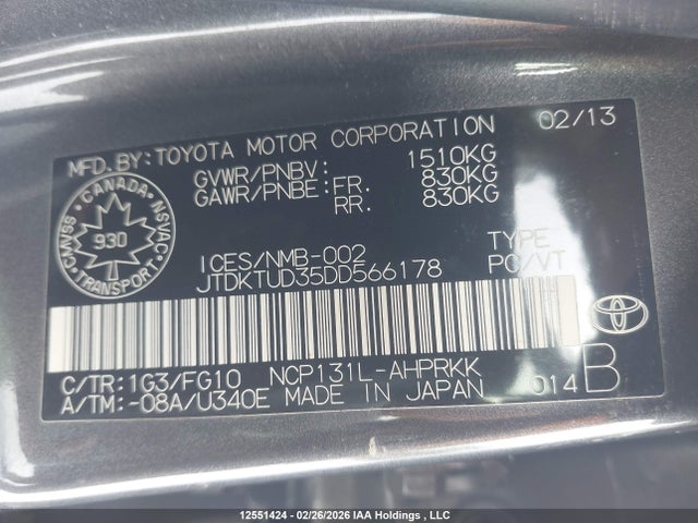 12551424 :رقم المزاد ، JTDKTUD35DD566178 vin ، 2013 Toyota Yaris Le مزاد بيع