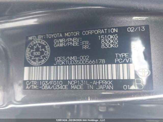 12551424 :رقم المزاد ، JTDKTUD35DD566178 vin ، 2013 Toyota Yaris Le مزاد بيع
