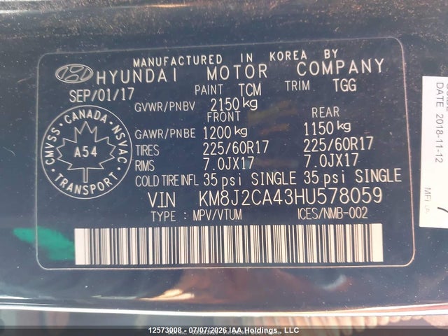 Продаж на аукціоні авто 2017 Hyundai Tucson Se, vin: KM8J2CA43HU578059, номер лоту: 12573008