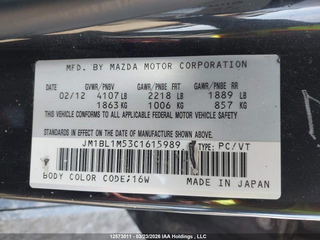 Aukcja sprzedaży 2012 Mazda Mazda3 Gt, vin: JM1BL1M53C1615989, numer aukcji: 12573011