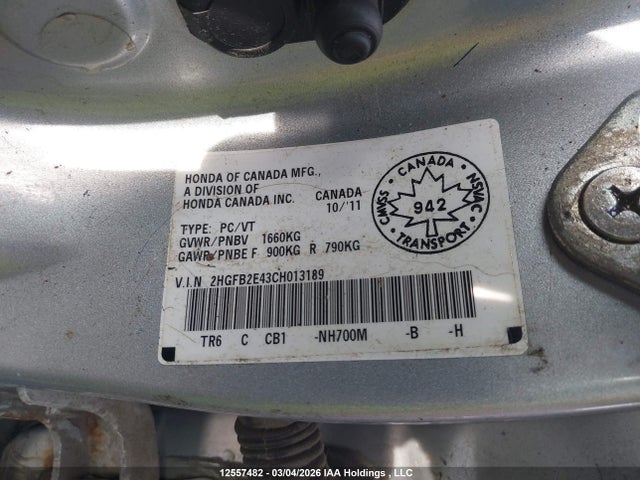 12557482 :رقم المزاد ، 2HGFB2E43CH013189 vin ، 2012 Honda Civic Lx مزاد بيع