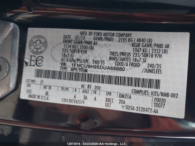 12573018 :رقم المزاد ، 1FMCU9H95DUA68880 vin ، 2013 Ford Escape Sel مزاد بيع