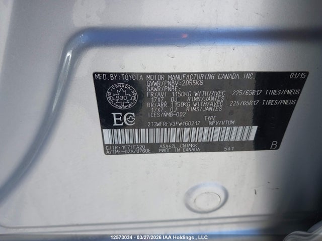 2T3WFREV3FW160217 Toyota Rav4 Xle